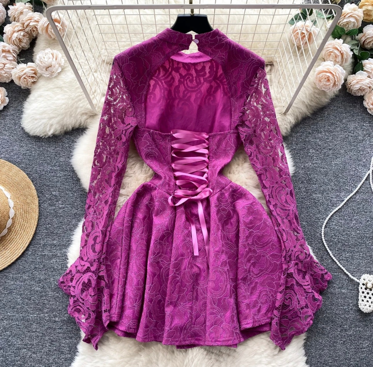 Long Sleeve Lace Party Dresses Elegant Mini Sexy A Line Backless Dress Flare Sleeve