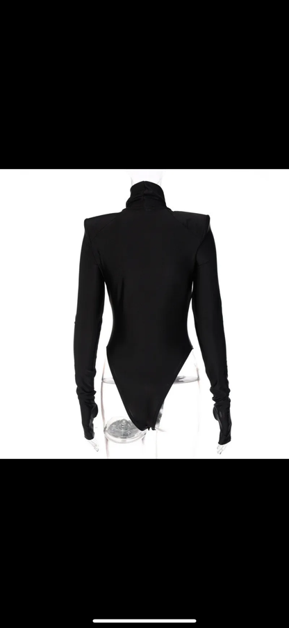 Solid Satin Long Sleeves With Shoulder Pads Turtleneck