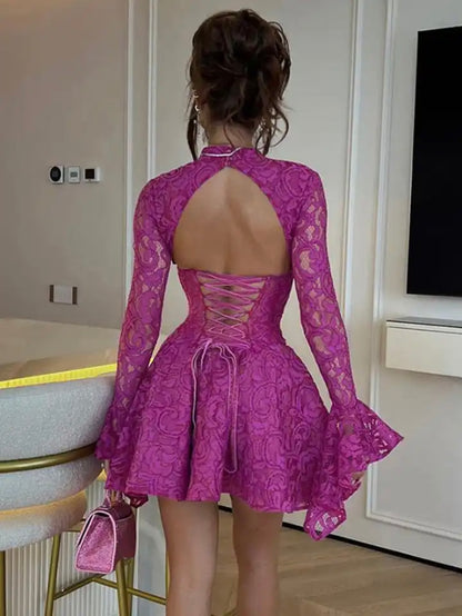 Long Sleeve Lace Party Dresses Elegant Mini Sexy A Line Backless Dress Flare Sleeve