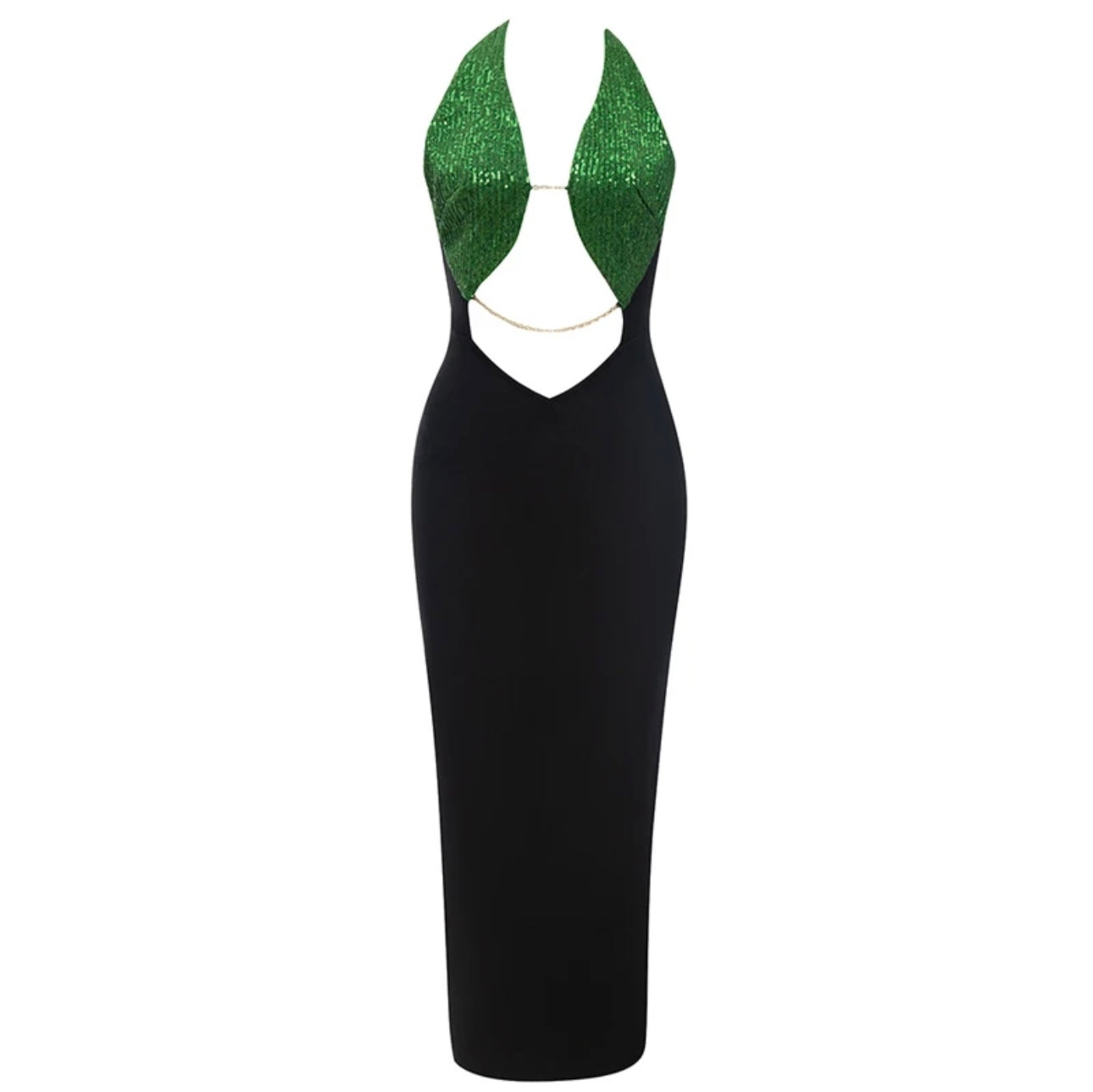 V Neck Halter Green Bodycon Elegant Sleeveless Dress