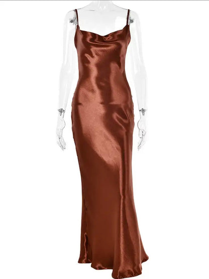 Women Satin Spaghetti Strap Backless Dress