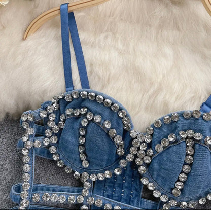 Streetwear Diamonds Denim Vest Female Bra Sleeveless