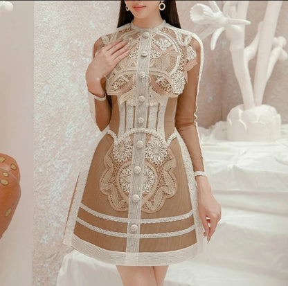 Mesh Long Sleeve Elegant Vintage Lace Patchwork Dresses Vestidos