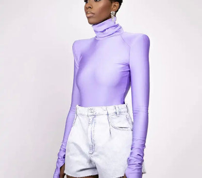 Solid Satin Long Sleeves With Shoulder Pads Turtleneck