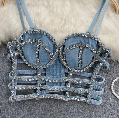 Streetwear Diamonds Denim Vest Female Bra Sleeveless