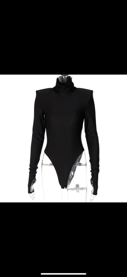 Solid Satin Long Sleeves With Shoulder Pads Turtleneck